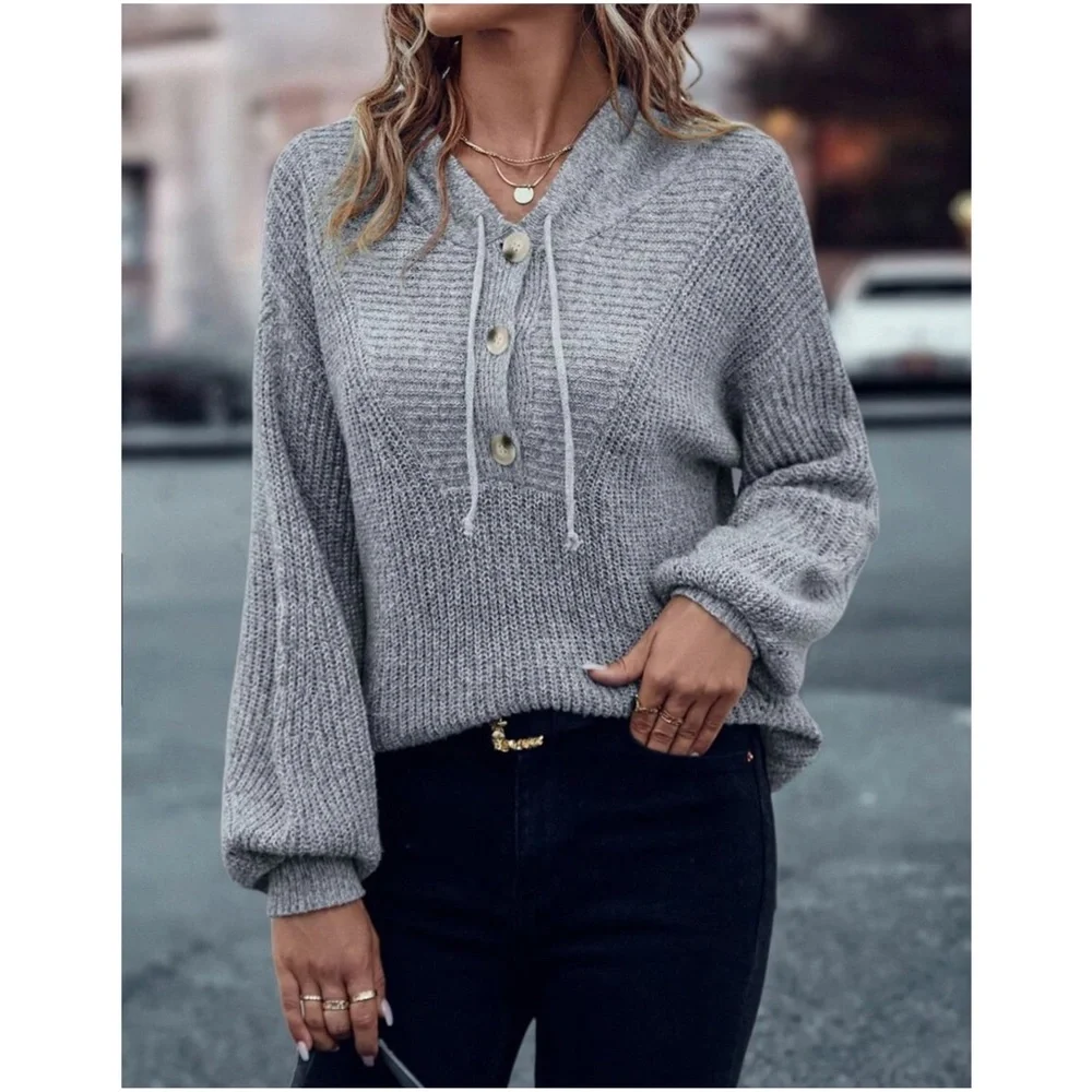 Cozy Button Hoodie Oversized Sweater Top - Picture 3 of 10